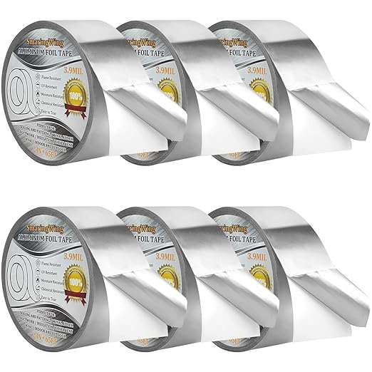 6Rolls Aluminum Foil Tapes, HVAC Duct Tape Heavy Duty, Silver Metal Adhesive Insulation Tape (3.9mil, 2"x65 Feet) High Temperature for Pipe Ductwork, Sealing Patching Heat Cold Air Ducts, Dryer Vents