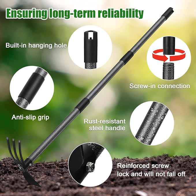 Hoe Garden Tool - Heavy Duty 2 in 1 Weed Hoes with Tiller Cultivator Rake,60 Inch Garden Hoe Long Handle for Weeding,Hand Weeder Tools for Indoor Outdoor Gardening,Planting