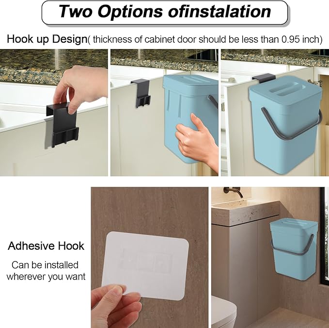 Compost Bin Kitchen, Bring 5 Rolls (100) of Garbage Bags, for Use on Countertops or Under Sinks, Hanging Trash Can with Lid, for Cupboard/Bathroom/Bedroom/Office/Camping(Bule 1.3 Gallon/5L)