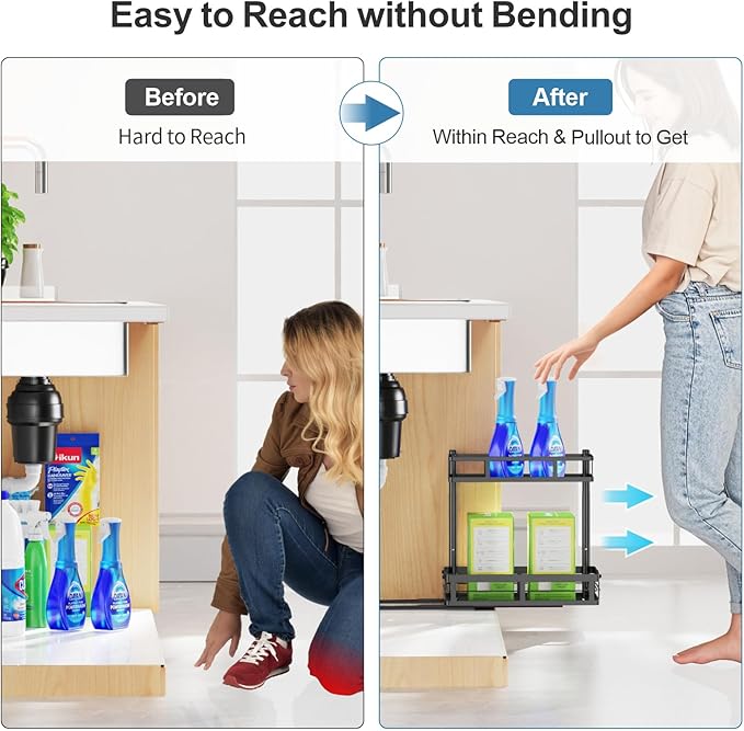 iSPECLE Under Kitchen Sink Organizer - 2 Pack Under Sink Pull Out Organizer Expandable Width Add More Space, Adjustable Height Easy Get Items, No Drilling Required Kitchen Under Sink Organizer