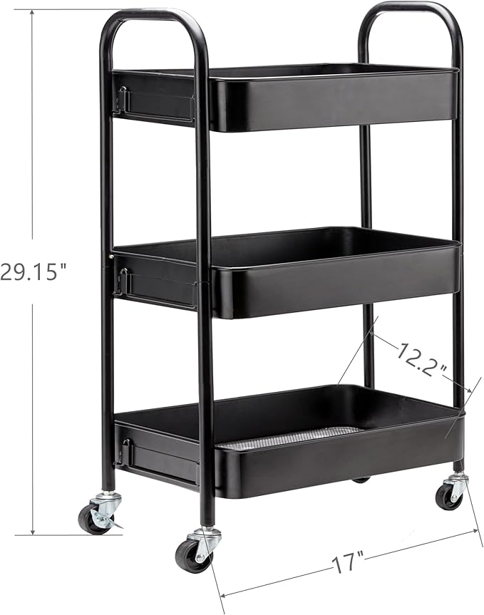 SETTFRFE 3 Tier Rolling Cart Metal,File and Art Cart with Wheels,Storage Shelf Organizer Cart for Bathroom,Office,Kitchen,Black