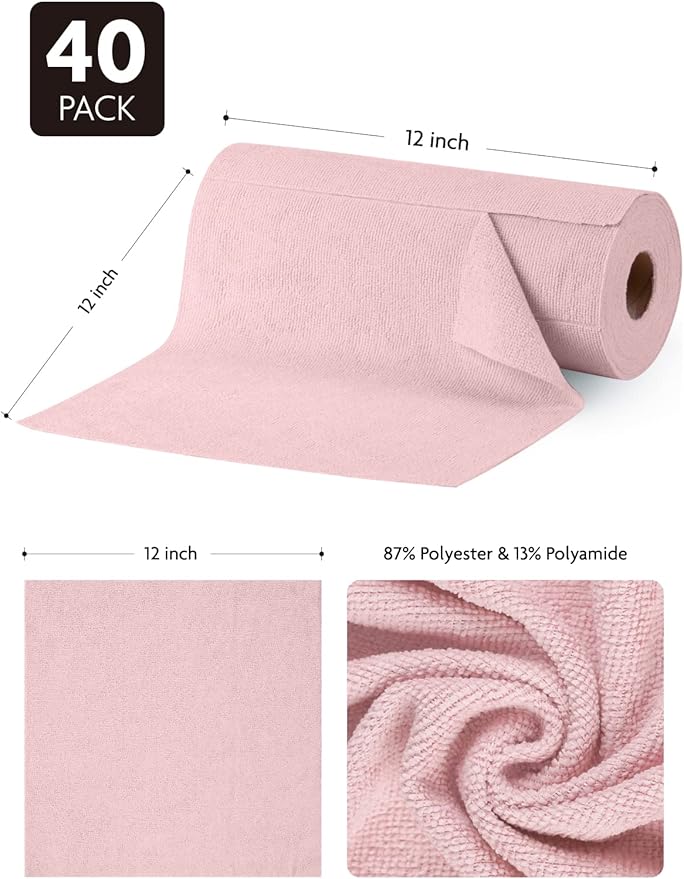 Fantasticlean Microfiber Cleaning Cloth Roll -40 Pack, Tear Away Microfiber Towels, 12" x 12", Reusable, Washable, Scratch Free, Ultra Absorbent Dishcloth for Car, Home Supplies, Pet, Kitchen (Pink)