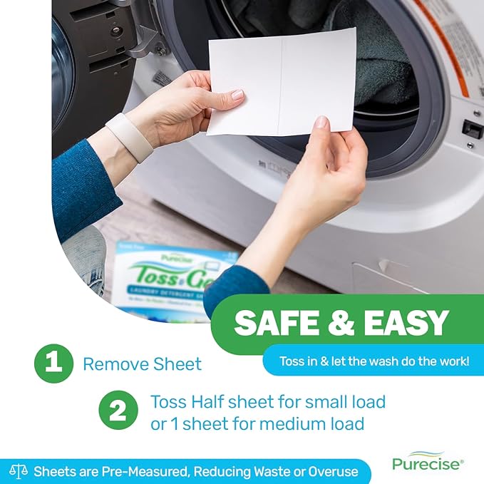 Purecise - Toss & Go - Unscented Laundry Detergent Sheets - No Mess, Skin-Friendly, Fast-Dissolving, Scent Free - 30 Loads - 5ct Pack of 3
