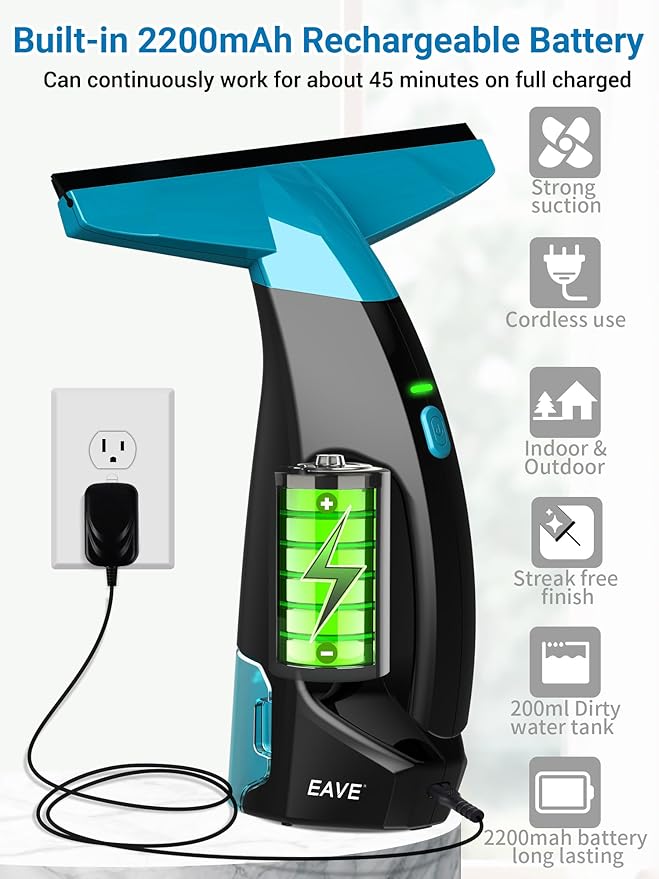 Rechargeable Window Vac, Electric Window Vacuum Squeegee, with 11 in. Squeegee Blade & 200ml Water Tank, Cordless Window Vacuum Cleaner Set for Cleaning Windows, Shower Doors, Mirrors, Tiles