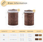 Round Water Hyacinth Laundry Hamper with Lid Handwoven Wicker Basket with Handles for Dirty Clothes, Storage, and Organization Ideal for Bedroom, Bathroom, and Laundry Room, No Assembly Required, 2Pcs