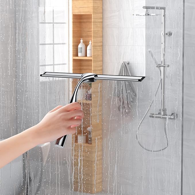 Shower Squeegee for Glass Door 12-Inch Stainless Steel Bathroom Squeegee Window Wiper, Includes Shower Door Hook, Adhesive Hook, and Spare Silicone Blade for Window Mirror Car All-Purpose Squeegee