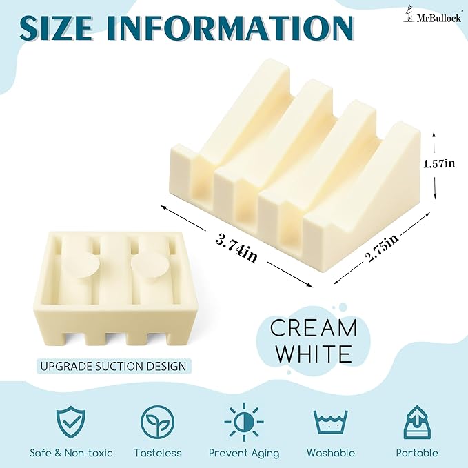 Silicone Soap Dish with Drain, Upgrade Double Suction Cups at The Bottom for Anti-Slip and Stability, Soap Dish Shower Waterfall Bar Soap Holder Tray with Drain Soap Holder (2, CreamWhite)