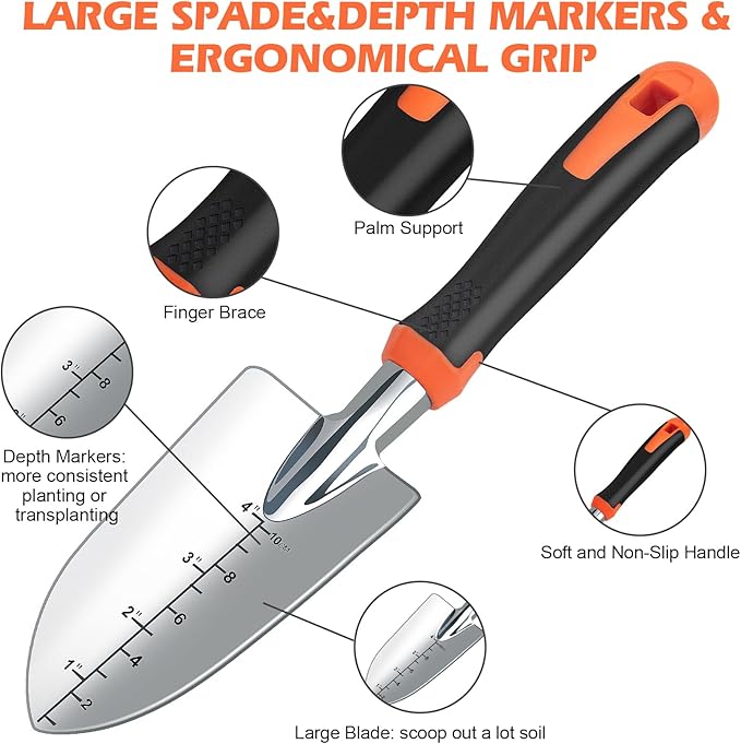 Garden Shovel with Measurement Mark, Sturdy Heavy Duty Gardening Tool Trowel/Hand Shovel/Garden Spade, Ergonomic Handle with Giftable Package