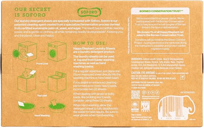 Happy Elephant Laundry Detergent Sheets, Fragrance Free, Natural Biodegradable Laundry Sheets, Plant Based, Tough on Stains, Gentle on Skin, Compatible with HE & Any Washing Machine, 30 Sheet, 1 Pack