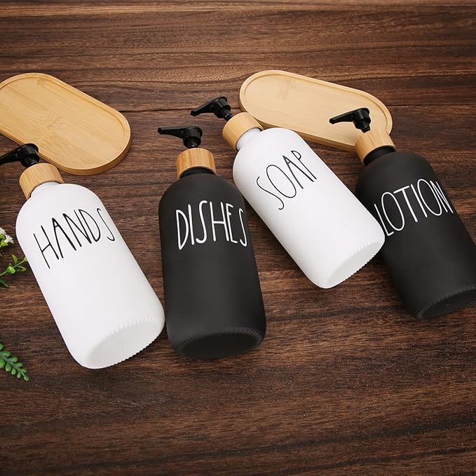 4 Pcs White and Black Hand and Dish Soap and Lotion Dispenser Set with Tray Farmhouse Decor for Bathroom Kitchen Sink