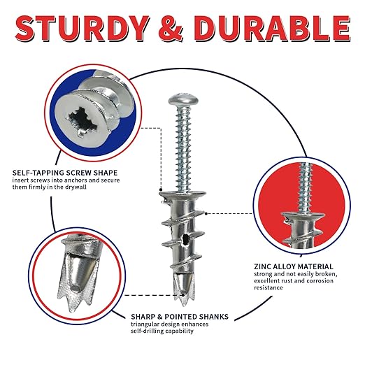 Drywall Anchors and Screws Kit, 100 Pcs Self Drilling Drywall Anchors, 50 Pcs Zinc Sheetrock Anchors and 50 Pcs #8 x 1-1/4" Metal Screws, Heavy Duty Wall Anchors, 75 Lbs Hanging Mounting