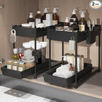 2 Pack Multi-Purpose Under Sink Organizers and Storage, 2025 Pull Out Cabinet Organizer for Bathroom & Kitchen, Under Cabinet Organizer with Hooks Hanging Cup, Black