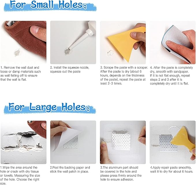 Wall Repair Paste kit, Spackle Drywall Repair kit, Wall Mending Agent 250 g*2, Wall Repair Patch-4Pcs and Scraper/Sandpaper, Effective Repair of Scratches, Nail Holes, Cracks and Wall Graffiti