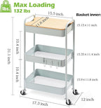 TOOLF 3-Tier Rolling Cart with Table Top, Metal Storage Cart on Wheels, Utility Organizer with Wooden Tray, Lockable Casters, Easy Assembly for Bathroom, Bedroom, Baby Room, Kitchen, Green