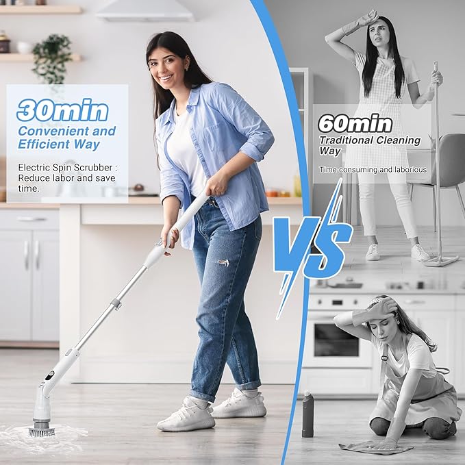 Electric Spin Scrubber, Cordless Cleaning Brush with 8 Brush Heads, Power Shower Scrubber with Long Handle, Electric Brush Cleaner with 6 Adjustable Angles IPX7 Waterproof, for Bathroom Floor Tub Car