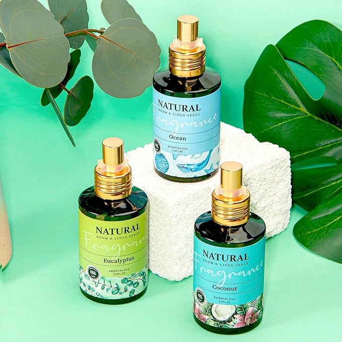Fragrant Room Spray 3 Pack, Natural Essential Oil Air Freshener Spray for Home Bathroom and Kitchen, Eucalyptus, Ocean, Coconut Concentrated Room Spray