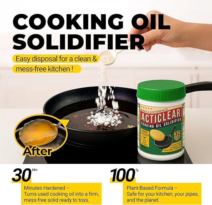 Cooking Oil Solidifier - 11oz (32 Cups) Algae-Based Grease Hardener for Easy Disposal, Turns Used Cooking Oils to Solid Waste, Kitchen Fry Oil Solution (2.2 Gallons)