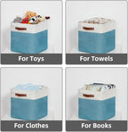 HNZIGE Fabric Storage Cubes Baskets,13 Inch Cube Storage Bins with Handles(4 Pack) Decorative Storage Baskets for Organizing Clothes, Toys, Closet, Nursery (Teal White)