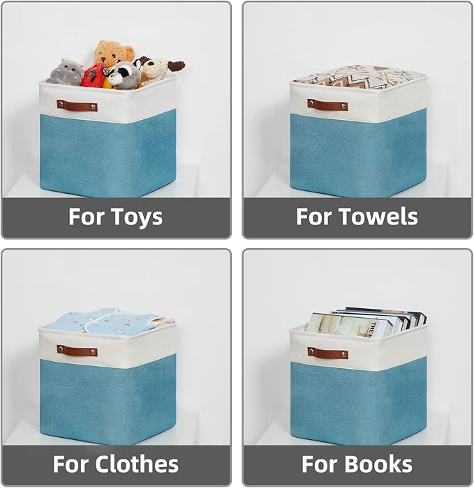HNZIGE Fabric Storage Cubes Baskets,13 Inch Cube Storage Bins with Handles(4 Pack) Decorative Storage Baskets for Organizing Clothes, Toys, Closet, Nursery (Teal White)