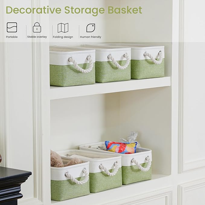 Storage Baskets for Shelves 11.8x7.9x5.2 Inch-Foldable Fabric Organizing Storage Bins with Handles, Closet & Bathroom Organizer, Home Storage for Kitchen, Office (6-Pack, White&Green)