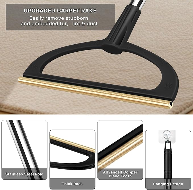 2 in 1 Carpet Rake for Pet Hair Removal,Reusable Pet Hair Removal Broom - 56” Adjustable Long Handle Cat Dog Hair Remover Carpet Scraper for Rugs, Mats, Couch, Bed