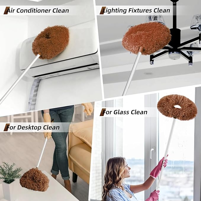 DRQ Ceiling Fan Cleaner Duster, 2 Pack Reusable Microfiber Duster with Extension Pole, 13 to 50 Inch Fan Blade Cleaner, Removable Dusters for Cleaning Walls Bookshelves Door Window Top (Brown)