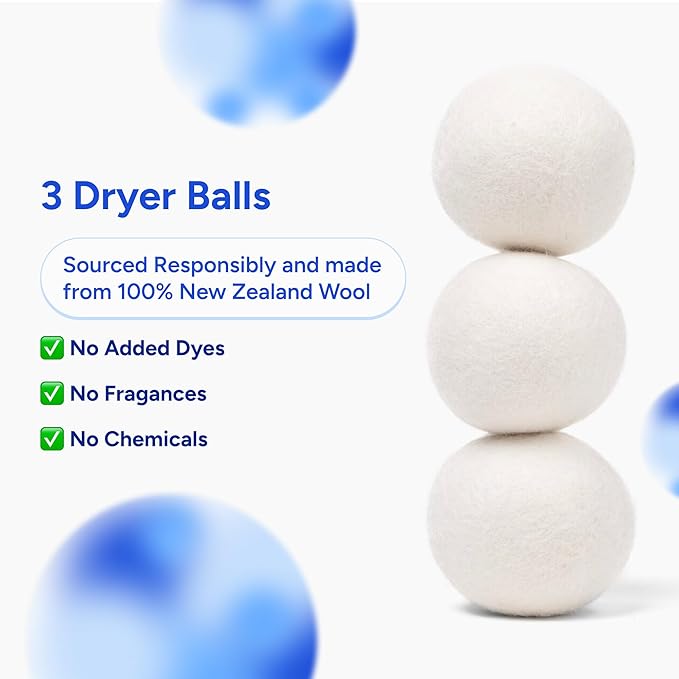 Wool Dryer Balls, 3-Pack XL, 100% Pure New Zealand Sheep Wool, Unscented, Hypoallergenic, Eco-Friendly Laundry Balls (3 Pack)