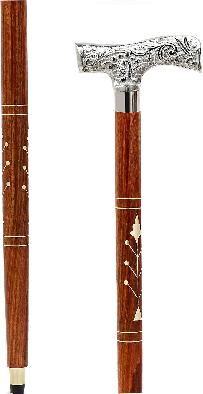 Deluxe Walking Sticks | Rosewood Crafted Cane with Solid Brass Chrome Decorative Bars | Nagina International