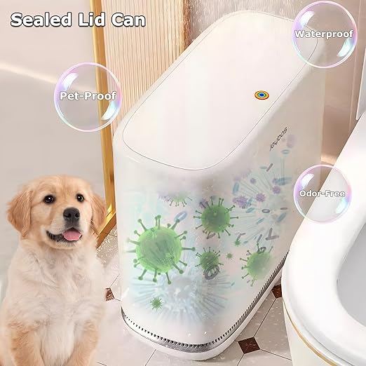 O-MART Bathroom Trash Can with Lid, Slim 3.2 Gallon Vacuum adsorption Garbage Bin, Narrow Press Top Waste Basket for Odor Control & Dog Proof for Bathroom Bedroom Office Home