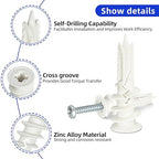 #8 x 1-1/2" Nylon Self-Drilling Drywall Anchors with Screws (100 Anchors+100 Screws), No Pre Drill Hole Required, Hold Up to 75 Lbs