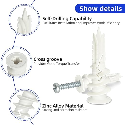 #8 x 1-1/2" Nylon Self-Drilling Drywall Anchors with Screws (100 Anchors+100 Screws), No Pre Drill Hole Required, Hold Up to 75 Lbs