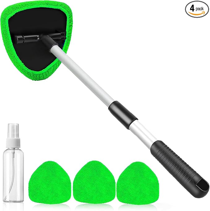 desin Windshield Cleaning Tool, Car Window Cleaner Windshield Cleaner with 4 Reusable and Washable Microfiber Pads and Extendable Handle Auto Inside Glass Wiper