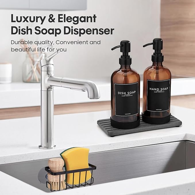 Kitchen Soap Dispenser Set with Instant Dry Tray & Sponge Holder,16 Oz Hand and Dish Soap Amber Glass Dispenser Set,Stainless Steel Pump,Waterproof Labels,Luxury Soap Bottle for Bathroom