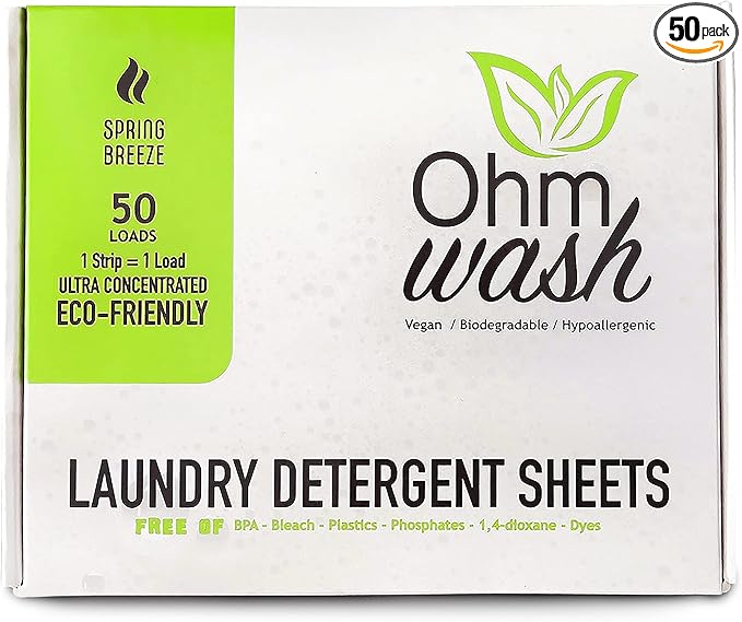 Ohm Earth’s Wash Laundry Detergent Sheets Hypoallergenic & Dye-Free Liquidless Detergent, Fast Dissolving Concentrated Strips Ideal for Sensitive Skin, 50 count (up to 100 Loads) Spring Breeze