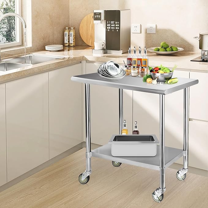 STABLEINK NSF Stainless Steel Table with Caster Wheels, 30 x 18 Inches Metal Prep & Work Table with Adjustable Undershelf, for Commercial Kitchen, Restaurant, Hotel and Garage