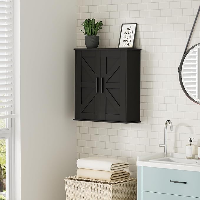 Bathroom Wall Cabinet, Over Toilet Storage Cabinet with Barn Doors and Adjustable Shelves, 3-Tier Medicine Cabinet Wall Mounted, for Bathroom, Kitchen, Entryway, Laundry Room, Black, (7.9" D)