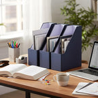 Gueevin Set of 6 Magazine File Holder Stylish Sturdy Cardboard File Boxes Desk Magazine Organizer Rack with Gold Label Holder to Organize Your Desk or Shelves for Home Classroom Office Library(Blue)