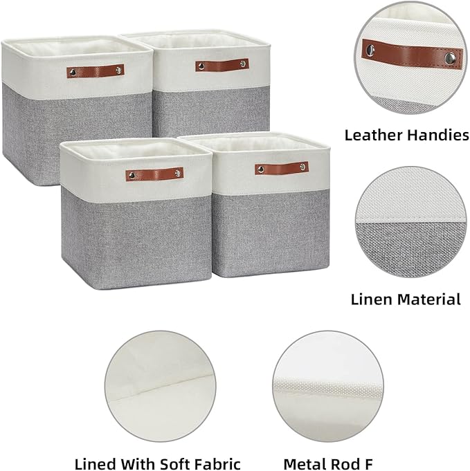 HNZIGE Storage Basket(4 Pack) Fabric Baskets for Organizing Clothes Closet,Towels,Cube Storage Bins,12x12 Storage Cube basket with Handles for Shelves,Toys,Blankets,Office,Room Storage(White&Grey)