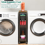 Slim Storage Cart 4 Tier Laundry Cart with Wheels, Narrow Metal Kitchen Rolling Carts Bathroom Organizers Storage Shelf with Wood Rack and Handle for Small Space