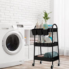 danpinera 3-Tier Rolling Cart, Metal Rolling Storage Cart with Lockable Wheels & Hanging Cups & Hooks, Mobile Trolley Cart for Kitchen, Bathroom, Office, Workshop, Black