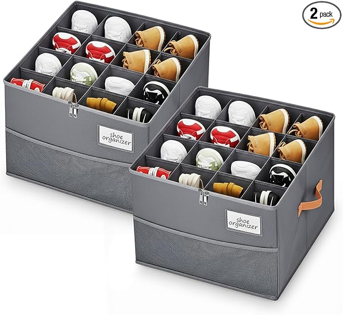Shoe Organizer for Closet, Foldable Shoe Storage Organizer Containers with Clear Cover, Space Saving Shoes Holder with Handles, Gray (2, Large)
