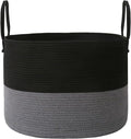 JMvicyroam 115L Extra Large Blanket Basket for Living Room - Woven Cotton Rope Laundry Hamper with Reinforced Handles - Storage Bin for Pillows, Comforters & Toys - Machine Washable, Black&Grey