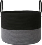 JMvicyroam 115L Extra Large Blanket Basket for Living Room - Woven Cotton Rope Laundry Hamper with Reinforced Handles - Storage Bin for Pillows, Comforters & Toys - Machine Washable, Black&Grey