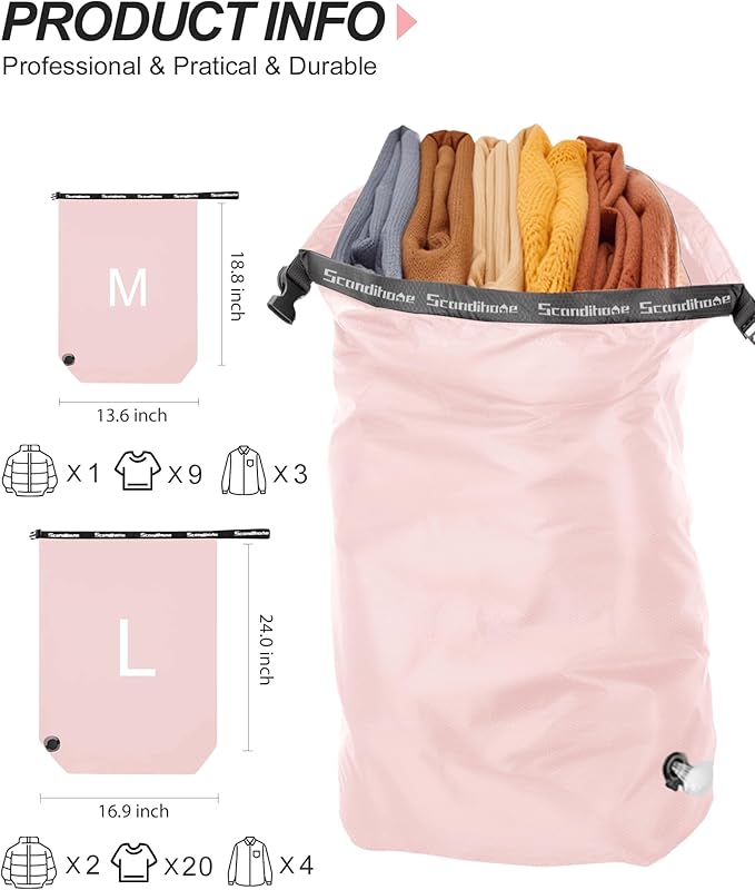 Travel Laundry Bag, Pump Free Vacuum Storage Bag Reusable Compression Dirty Clothes Travel Bag Waterproof Wet Dry Bags Large Capacity Space Saver Bags Camp Clothes Organizer (1 Pcs)(Pink, L)