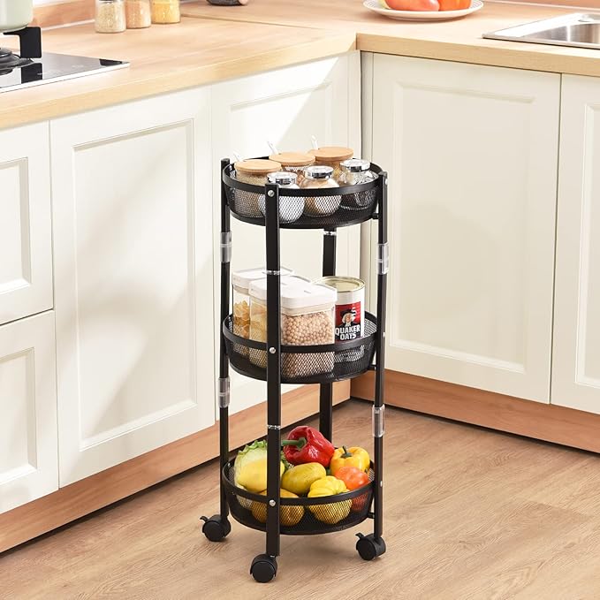 TOOLF 3-Tier Foldable Rolling Cart, Collapsible Metal Utility Cart with Wheels, Assembly-Free, Round Storage Organizer Trolley for Kitchen, Bathroom, Dorm, Nursery, Black
