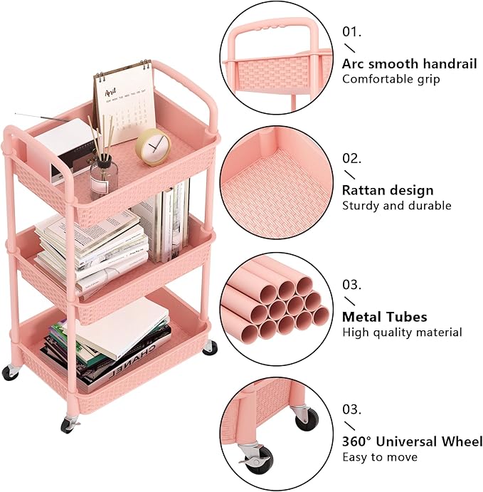 MOYIPIN 3-Tier Plastic Rolling Utility Cart with Handle,Utility Storage Cart for Office, Living Room, Kitchen,Movable Storage Organizer Shelves,Pink