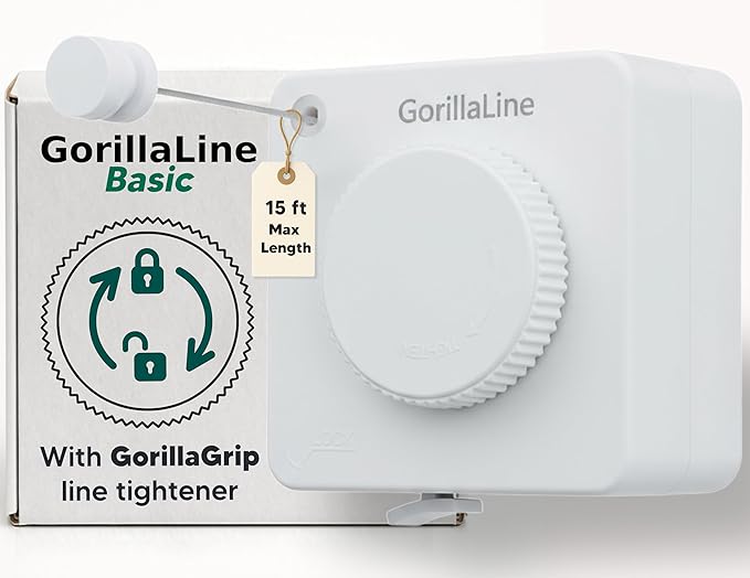 GorillaLine Basic - Retractable Clothesline Indoor Outdoor Clothes Line - Heavy Duty Clothes Drying Laundry Line - Wall Mounted Drying Rack - Air Dry Clothing - 15ft line Max Tighten with GorillaGrip