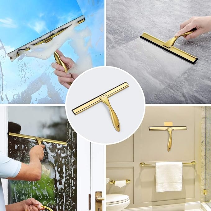 HIWARE All-Purpose Shower Squeegee for Shower Doors, Bathroom, Window and Car Glass - Brass, Stainless Steel, 12 Inches