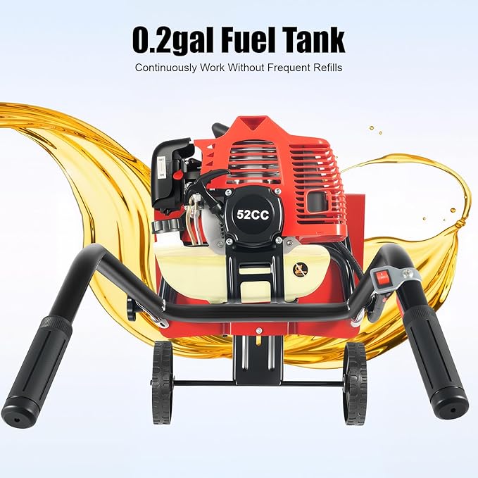 Gas Powered Tiller, 52Cc 2 Stroke Garden Yard Rototiller Tilling Cultivator Heavy Duty Gasoline Tiller with Adjustable Wheels & Long Handle for Plowing Turning Soil Ditching 1900W (52CC 2-Stroke)