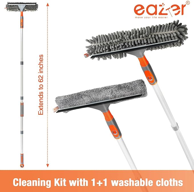 Eazer Window Squeegee Cleaner - 2 in 1 Window Cleaning Tool Kit, 62inch Extension Pole Washer Equipment for Car Indoor Outdoor Window Glass